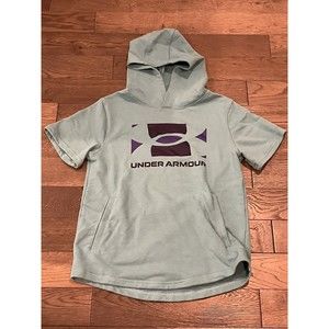Under Armour Boys Size Blue Logo Short Sleeve Pullover Hoodie w Pouch Sz Large